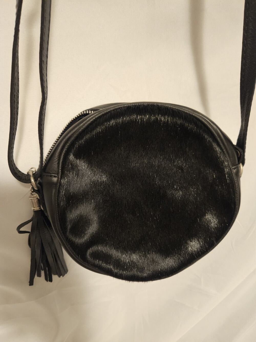Italian Leather Calf Hair Round Canteen Bag Black Circle Crossbody Tassel